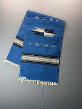 47x15 Ortega's Chimayo Wool Hand Woven Table Runner Blue Native American Design